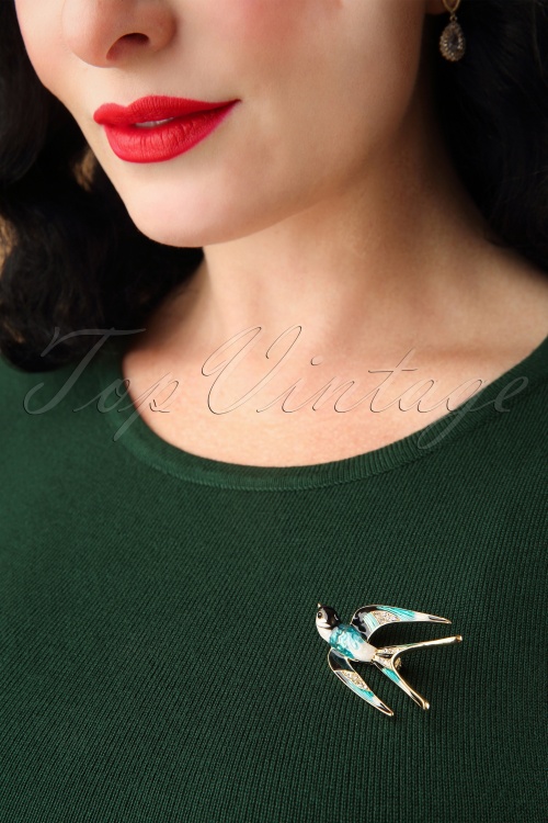 Kaytie - 50s Sparkly Swallow Brooch in Gold and Blue 2