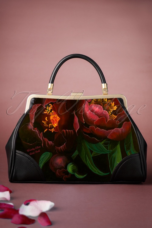 Woody Ellen - 50s Red Paris Floral Retro Handbag in Brown