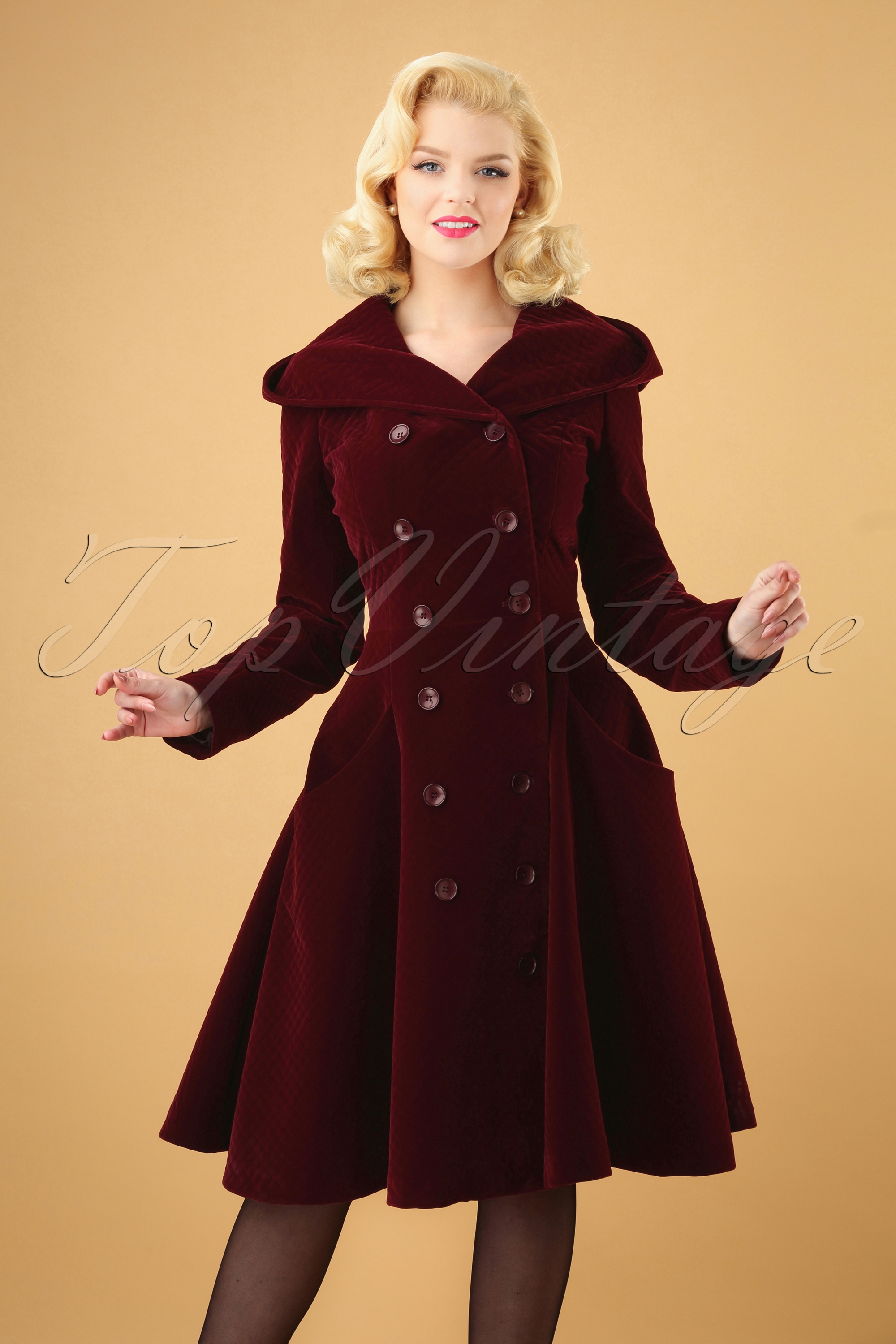 Collectif Clothing 50s Heather Hooded Quilted Velvet Coat in Wine Shop at Topvintage