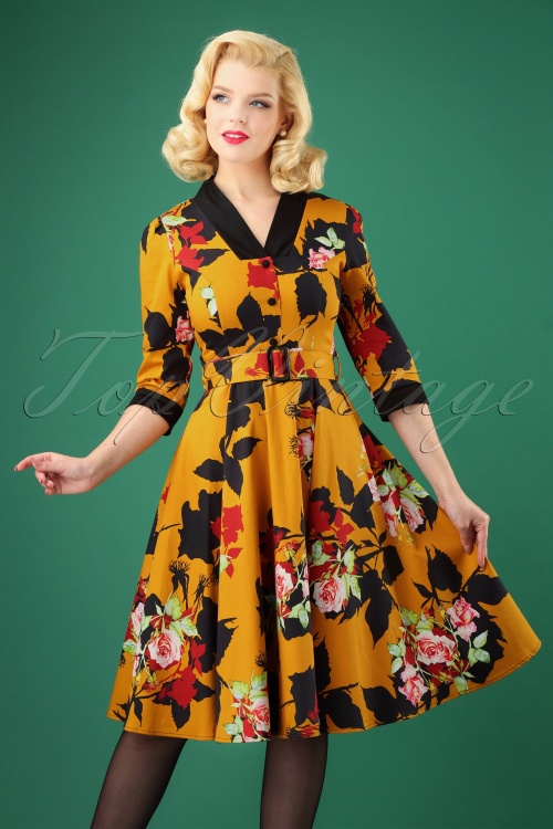 Hearts & Roses - Autumn Floral Swing Dress Années 50 en Moutarde
