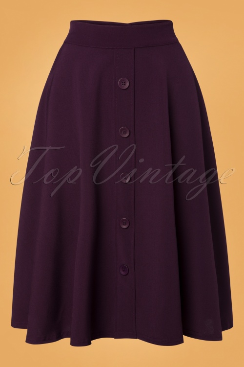 Steady Clothing - 50s Thrills Buttoned Swing Skirt in Plum Purple