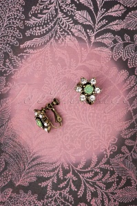 Lovely - 50s Flower Stone Clip Earrings in Gold and Opal Green