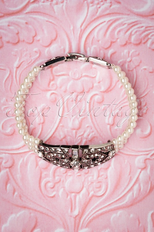 Lovely - 50s Deco Diamante Pearl Bracelet in Silver 2