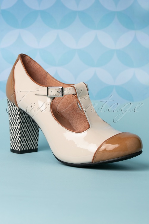 Nemonic - 60s Nice Cat Patent Leather T-Strap Pumps in Camel and Cream 2
