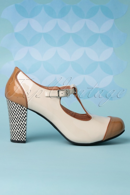 Nemonic - 60s Nice Cat Patent Leather T-Strap Pumps in Camel and Cream 3