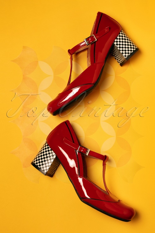 Nemonic - 60s Rojo Patent Leather T-Strap Pumps in Red 2