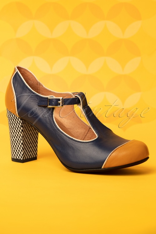 Nemonic - 60s Nice Cat Leather T-Strap Pumps in Camel and Navy 2