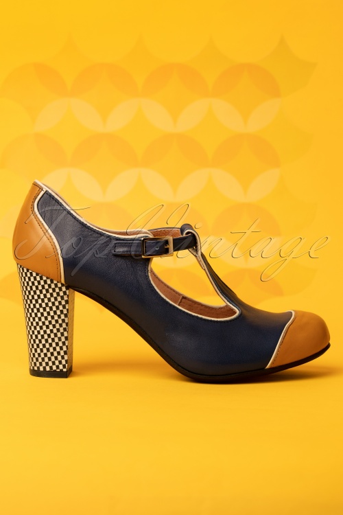 Nemonic - 60s Nice Cat Leather T-Strap Pumps in Camel and Navy 3