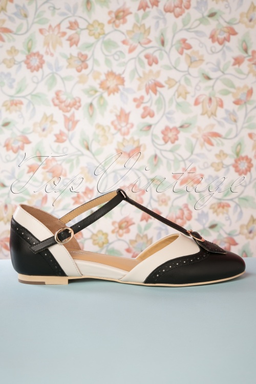Charlie Stone - 50s Parisienne T-Strap Flats in Black and Cream