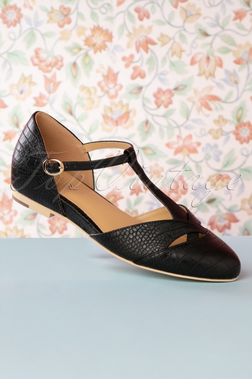 Charlie Stone - Roma T-Strap Flats Années 50 en Noir 