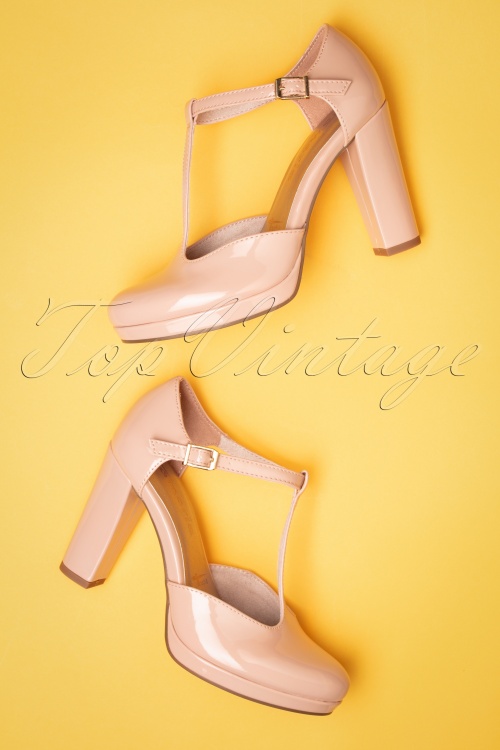 Tamaris - 60s Phoebe Lacquer T-Strap Pumps in Dusty Pink