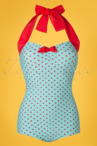 Red Dolly - 50s Dottie Polkadot One Piece Swimsuit in Blue and Red 2
