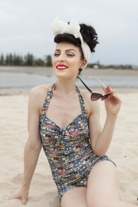 Red Dolly - 50s Vintage Camera One Piece Swimsuit in Blue