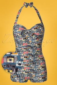 Red Dolly - 50s Vintage Camera One Piece Swimsuit in Blue 2