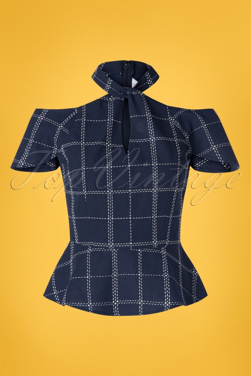 Banned Retro - 50s Chill Check Peplum Top in Navy 2
