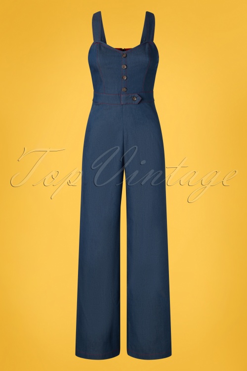 Banned Retro - 50s Seaside Diner Chambray Jumpsuit in Denim Blue 2