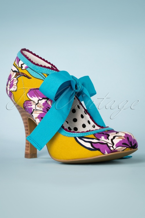 Ruby Shoo - 50s Willow Floral Pumps in Aqua and Mustard 2