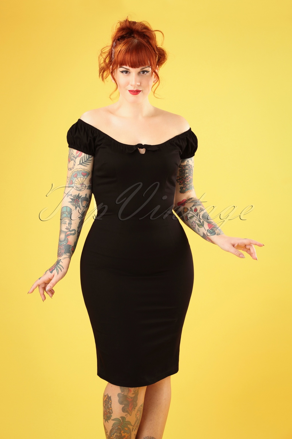 50s Lorena Plain Pencil Dress in Black