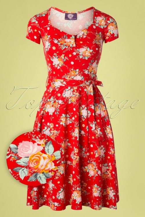 Topvintage Boutique Collection - 50s Fabienne Flower Swing Dress in Red 2