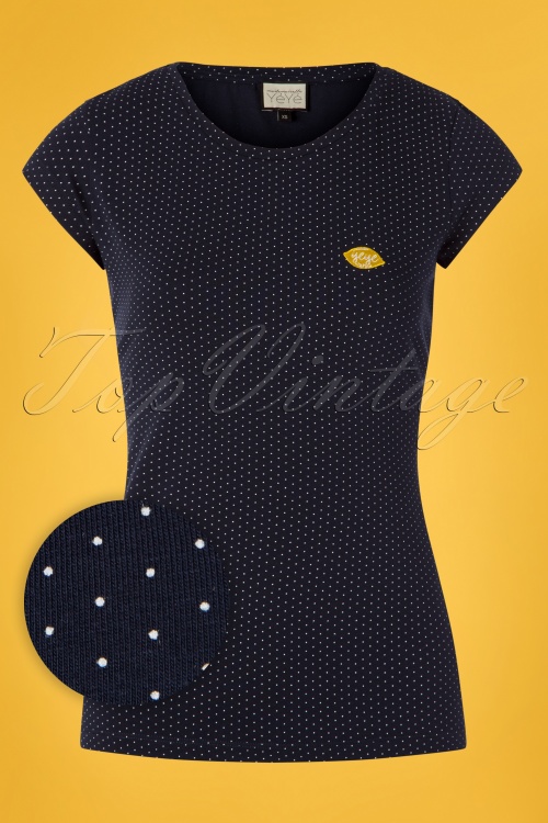 Mademoiselle YéYé - 60s Casual Elegance Top in Navy and White Dots 2