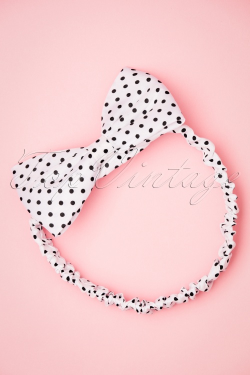 Banned Retro -   50s Dionne Polka Dot Bow Head Band in White and Black 3