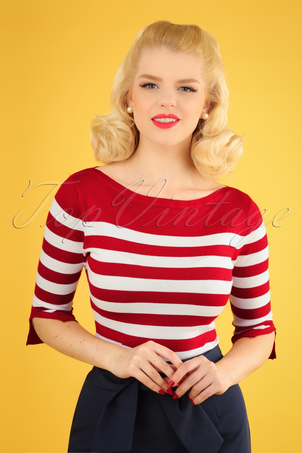 50s Sail Away Stripes Jumper In Red 