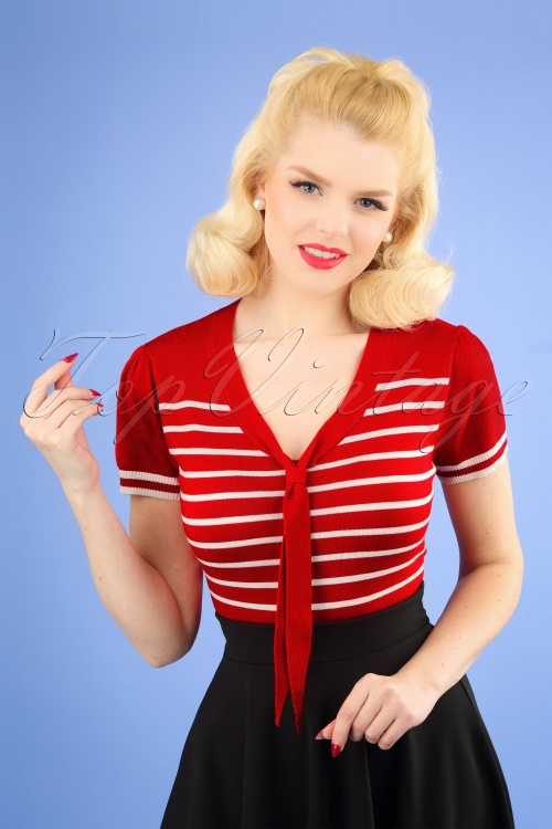 Banned Retro - Sailor Stripe Tie Top Années 50 en Rouge Vif