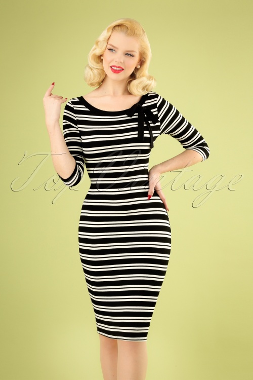 Topvintage Boutique Collection - 50s Janice Stripes Pencil Dress in Black and White