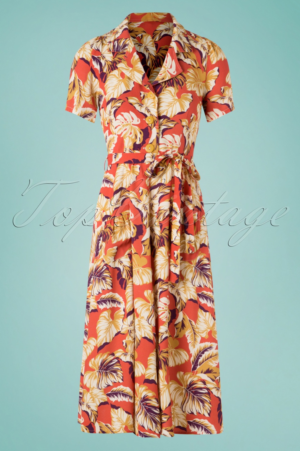 40s Hibiscus Flowers Revers Dress in Montana Dust