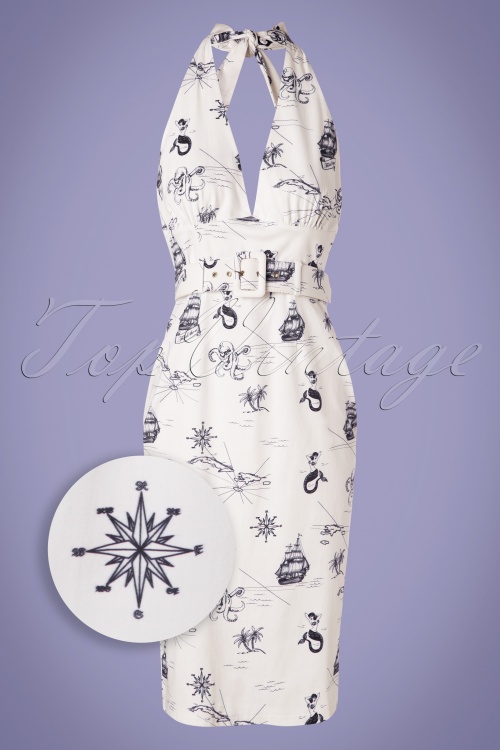 Collectif Clothing - 50s Ramona Ocean Map Halter Pencil Dress in White
