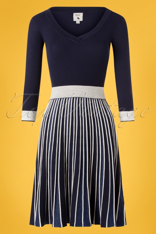 Yumi - 60s Michelle Knitted Pleated Stripes Dress in Blue 2