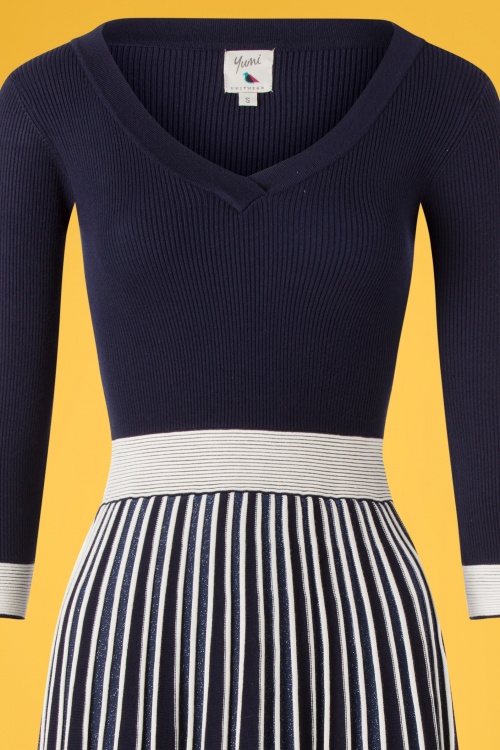 Yumi - Michelle Knitted Pleated Stripes Dress Années en Bleu 3