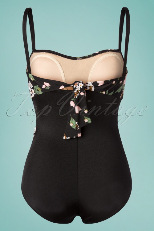 Bettie Page Swimwear - 50s Suzie Flowers One Piece Swimsuit in Black 2
