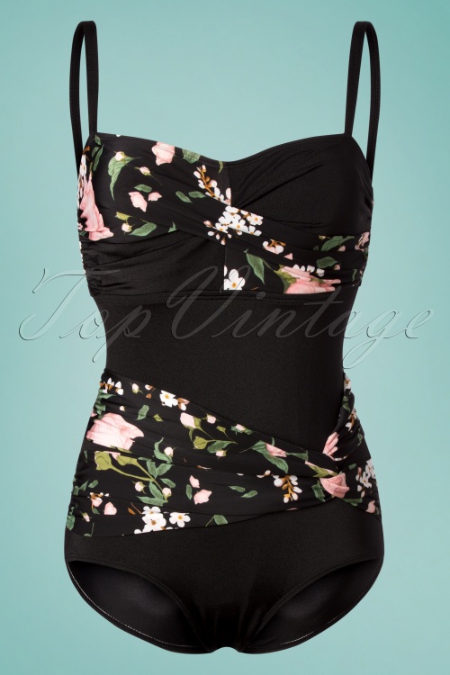 Bettie Page Swimwear - Suzie Flowers ééndelig badpak in zwart