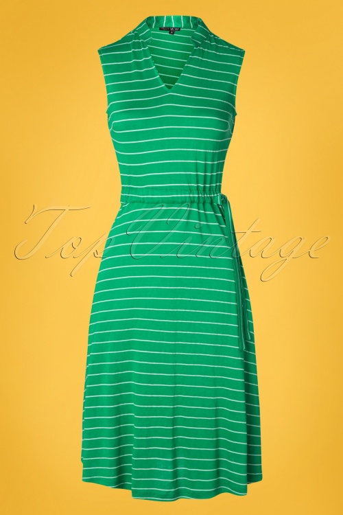 Pretty Vacant - Dina Drawstring Dress Années 60 en Vert Rayé 2
