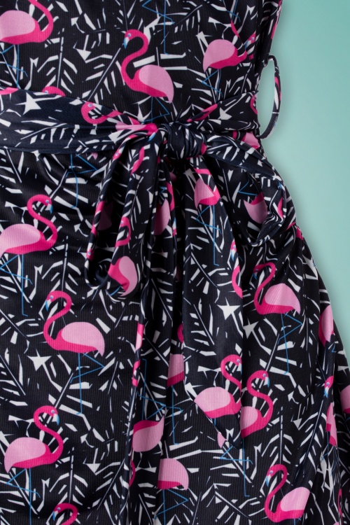 Yumi - Flamingo jersey wikkeljurk in marineblauw 5