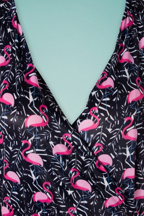 Yumi - Flamingo Jersey Wrap Dress Années 60 en Bleu Marine 4