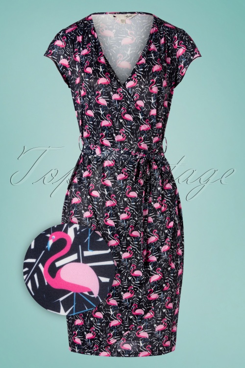 Yumi - Flamingo Jersey Wrap Dress Années 60 en Bleu Marine 2