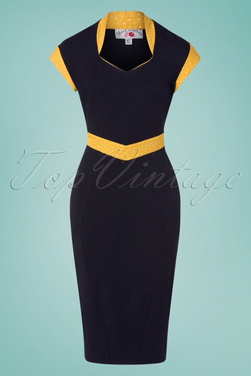 Miss Candyfloss - Tremaine Lee Wiggle-jurk in marineblauw en geel 2
