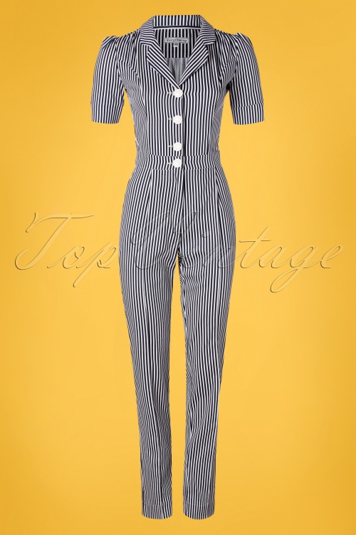 Very Cherry - Classic Jumpsuit Années 40 en Rayures Bleu Marine et Blanc 2