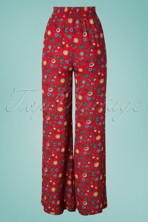 Bright and Beautiful - Lucy Tropical Floral Flared Trousers Années 70 en Rouge 2