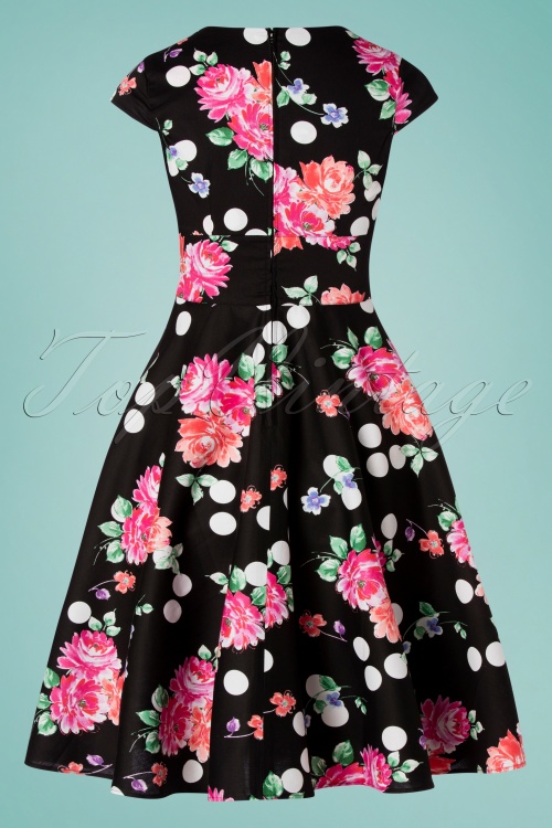 Bunny - 50s Carole Flower and Dots Swing Dress in Black 5