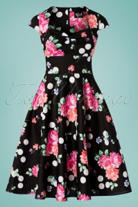 Bunny - 50s Carole Flower and Dots Swing Dress in Black 2