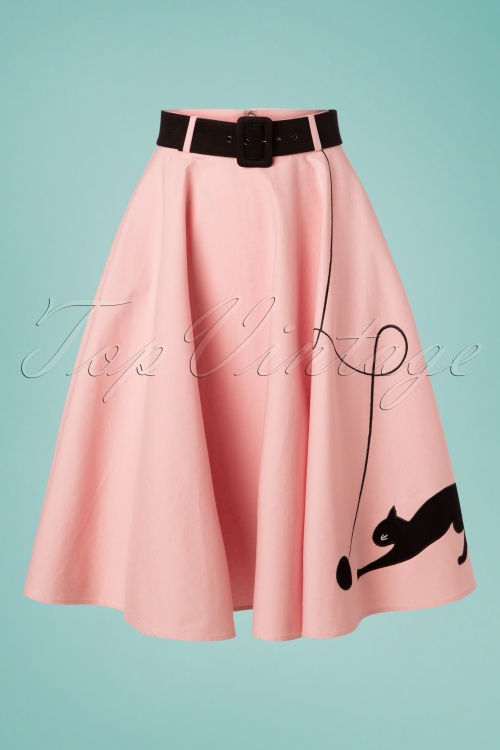 Collectif Clothing - 50s Kitty Cat Swing Skirt in Light Pink 2