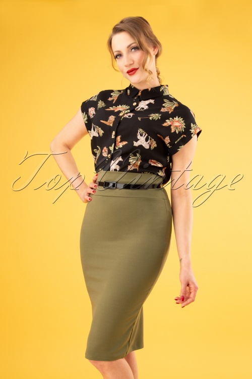 Vintage Chic for Topvintage - 50s Feline Pencil Skirt in Olive Green