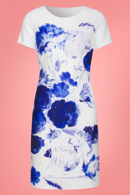 Smashed Lemon - 60s Peggy Floral Pencil Dress in Ivory and Blue 2