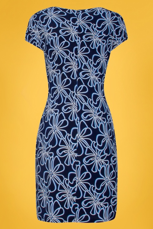Smashed Lemon - Veronique Floral Pencil Dress Années 60 en Bleu Marine et Blanc 4
