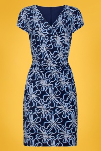 Smashed Lemon - 60s Veronique Floral Pencil Dress in Navy and White 2