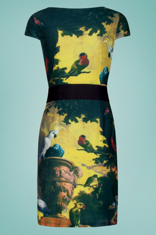 Smashed Lemon - 60s Moss Parrot Pencil Dress in Yellow 3