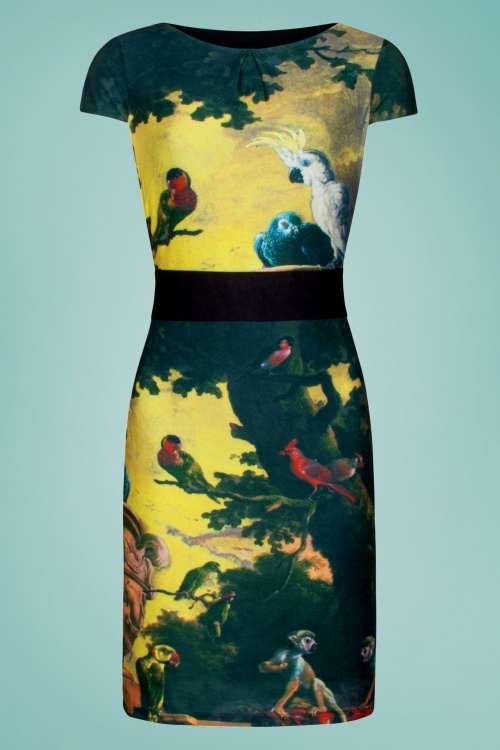 Smashed Lemon - 60s Moss Parrot Pencil Dress in Yellow 2